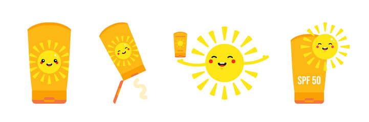 Set, collection of sunscreen tubes and cute sun characters. Sun protection during summer time vector icons, illustration.