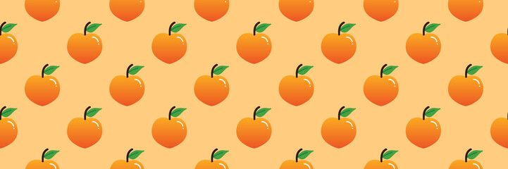 Wide horizontal vector seamless pattern background with cute peach fruits.