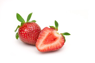 Red trawberrie with leaves isolated on white background