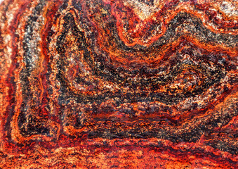 Background of their chaotic wavy lines of rust on metal in dark orange tones