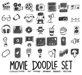 Movie Doodle vector icon set. Drawing sketch illustration hand drawn line eps10
