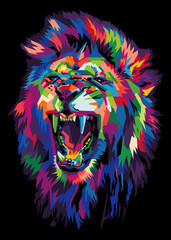 colorful lion head in pop art style isolated on black background. vector illustration - obrazy, fototapety, plakaty