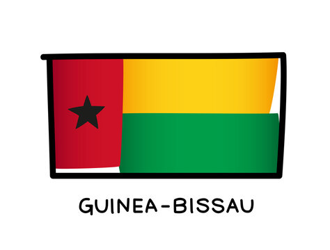 Flag of Guinea-Bissau. Colorful African flag logo. Red, yellow and green brush strokes, hand drawn. Black outline. Vector illustration