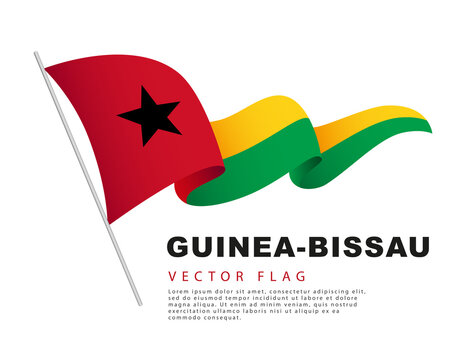 The flag of Guinea-Bissau hangs on a flagpole and flutters in the wind. Vector illustration isolated on white background.