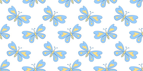 Vector seamless pattern of blue cute butterflies in flat style. Cute cartoon beautiful insects. Texture on theme of nature, spring, summer, children print, isolated