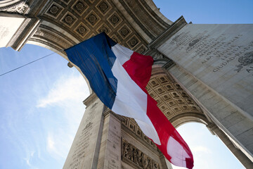 Arc de Triomphe From Low Angle with French Flag