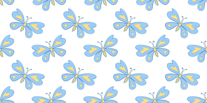 Vector seamless pattern of blue cute butterflies in flat style. Cute cartoon beautiful insects. Texture on theme of nature, spring, summer, children print, isolated