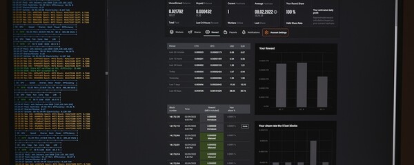 The computer screen shows Ethereum miner. Concept of cryptocurrency mining. Miner software running...