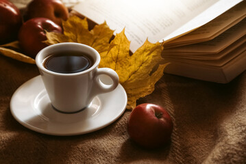 Cup with herbal tea standing near open book autumn leisure time