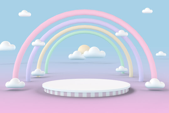 Round product display podium with clouds and rainbow on the sky in pastel tone color for baby and kid. 3D rendering.