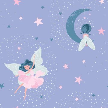 Beautiful seamless pattern design, butterfly girl with stars illustration, children artworks, wallpapers, posters, greeting cards prints. 