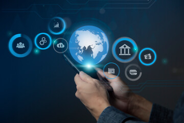 Businessman using smart phone to do online transactions with internet technology, concept of global data connection by internet technology, big data, searching for information, online marketing