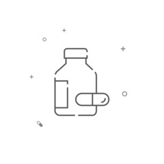 Vial with pills simple vector line icon. Symbol, pictogram, sign isolated on white background. Editable stroke. Adjust line weight.