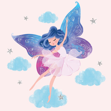 Beautiful butterfly girl illustration,children artworks, wallpapers, posters, greeting cards prints. 
