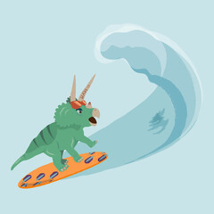 Dinosaur on surfboard in hand-drawn cartoon style