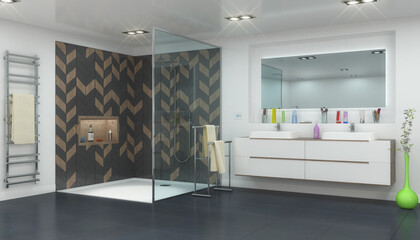 3d Illustation - Modernes Badezimmer - Dusche - zwei Waschbecken - Spiegel