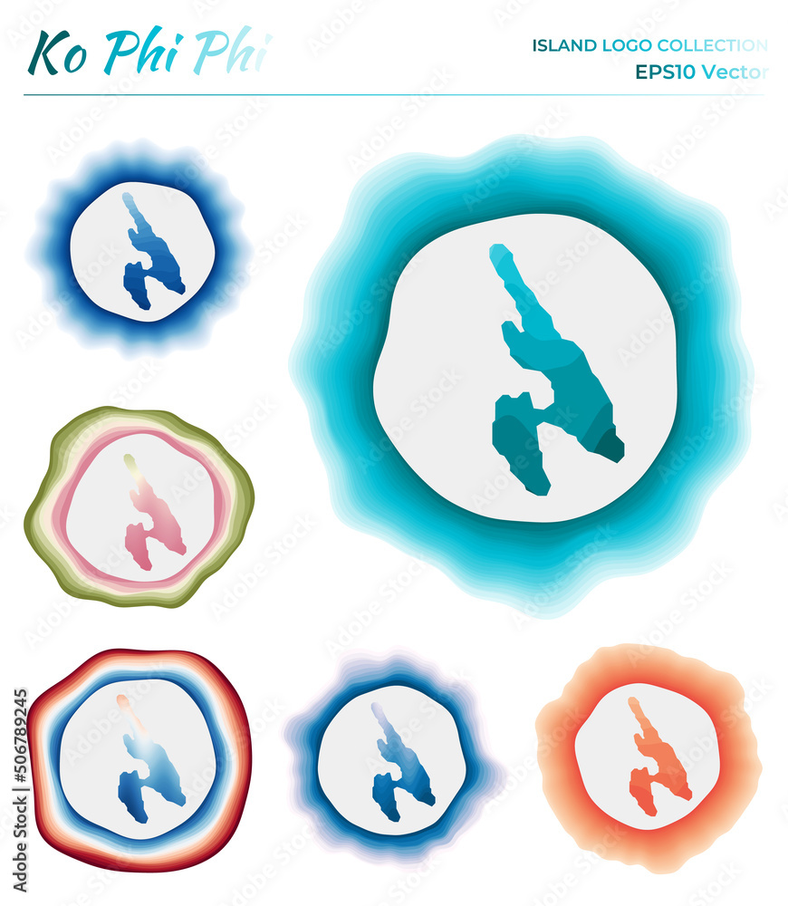 Poster ko phi phi logo collection. colorful badge of the island. layers around ko phi phi border shape. vec