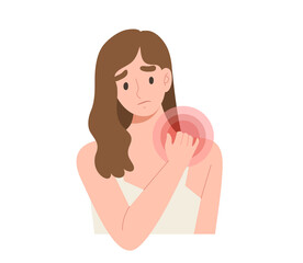 Young female touching her shoulder with pain sign. Concept of muscle pain, office syndrome, bad posture, neck and shoulder pain. Health care illustration. Flat vector cartoon character.