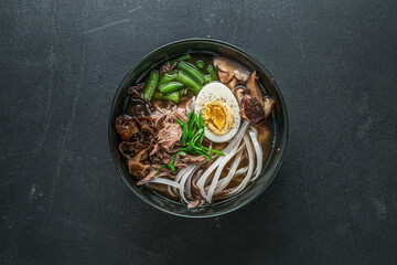 Miso Soup, Shiitake Mushrooms on Dark Background