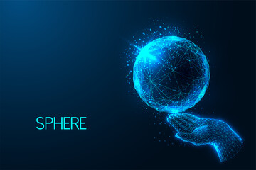 Abstract connectivity, cyber space, artificial intelligence concept with glowing hand holding sphere
