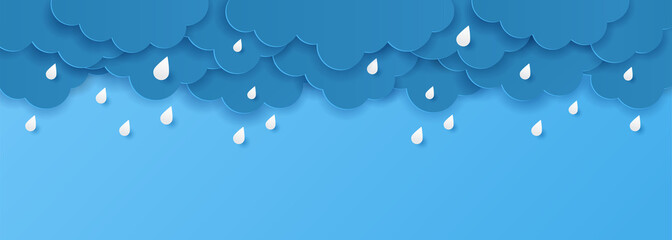 Paper cut with monsoon season banner. Clouds and drops rain on blue background. Vector illustration - obrazy, fototapety, plakaty