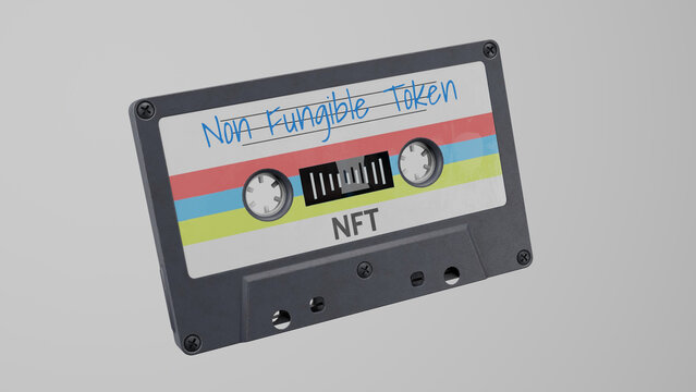 Non Fungible Token cassette tape floating in air in front of white isolated background. NFT Cassette tape that has NFT music stored on it. 3D rendering
