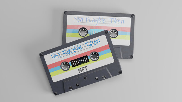 Non Fungible Token cassette tapes stacked on white isolated floor background. NFT Cassette tape that has NFT music stored on it. 3D rendering