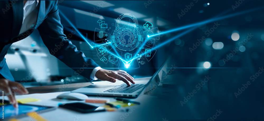 Aufkleber Cyber security network. Padlock icon and internet technology networking. Businessman protecting data personal information on laptop. Internet network security and data protection privacy. GDPR. EU.