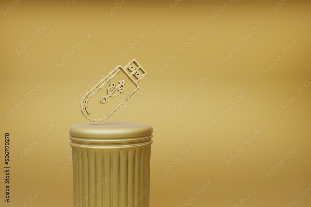 Poster Beautiful abstract illustrations golden Pendrive Device music symbol icons on a golden column and wonderful background. 3d rendering illustration. Background pattern for design.