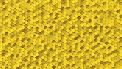 Abstract background with waves made of yellow futuristic honeycomb mosaic geometry primitive forms that goes up and down under black-white lighting. 3D illustration. 3D CG. High resolution.