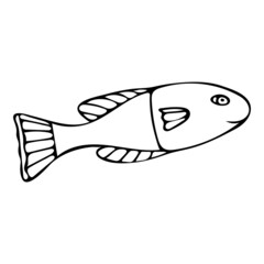 Hand drawn black and white Fish doodle sketch illustration.