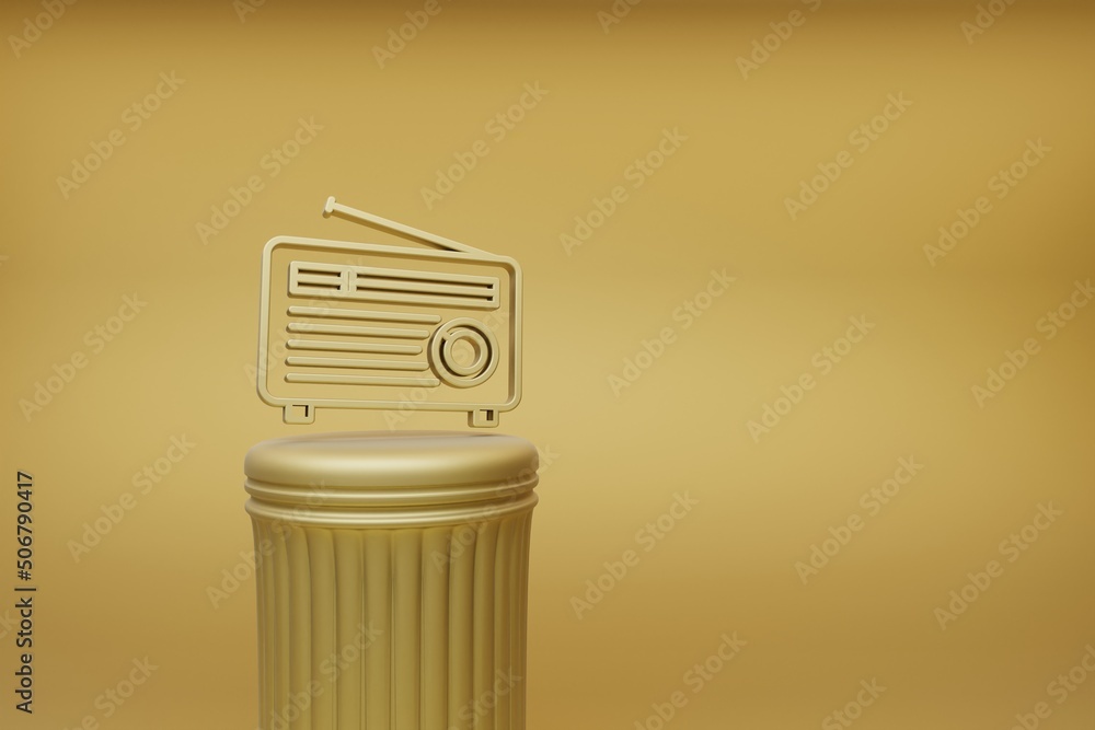 Poster Beautiful abstract illustrations golden Old Radio with Short Antenna music symbol icons on a golden column and wonderful background. 3d rendering illustration. Background pattern for design.
