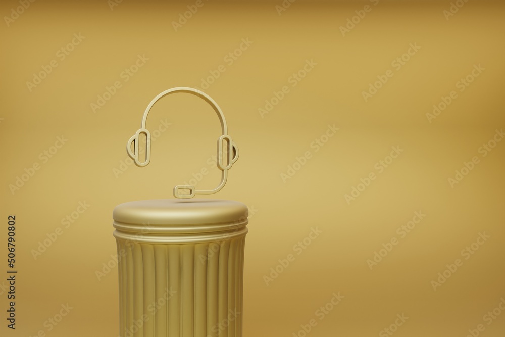 Poster beautiful abstract illustrations golden headphones with mic music symbol icons on a golden column an