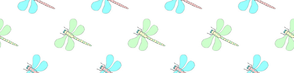 Vector seamless pattern of cute dragonflies in Doodle style. Glade, forest edge. Background and texture on theme of nature, spring, summer, children print, isolated