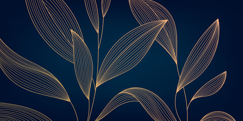 Vector golden leaves botanical modern, art deco wallpaper background. Line design for interior design, textile patterns, textures, posters, package, wrappers, gifts etc. Luxury. Japanese style. - 506791099