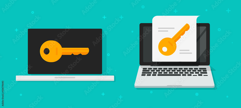 Poster key cyber digital security vector online flat or computer pc secure wallet with passwords data techn