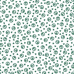 Seamless pattern with green hearts and peace sign.