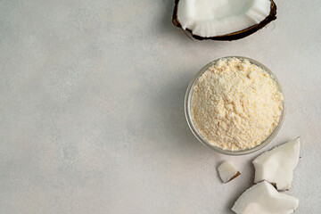 Coconut flour and coconut nut, gluten free flour,healthy alternative, copy space