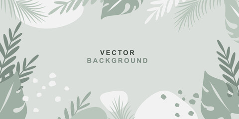 Fototapeta na wymiar Summer background, vector frame with abstract green shapes and leaves. Horizontal template in simple trendy flat style with place for text for greeting cards, banners and wallpapers 