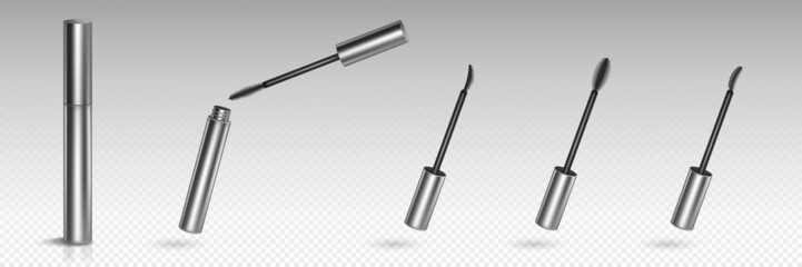 Black mascara with different brushes for eyelash makeup. Vector realistic mockup of 3d cosmetics package, closed and open silver container with applicator and ink for lashes or brows