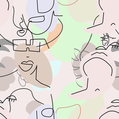 One line drawing. Abstract face seamless pattern.