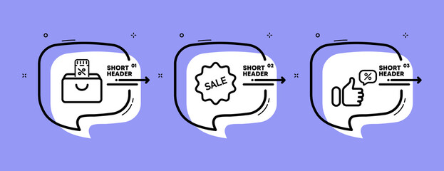 Sale set icon. Package, discount, price tag, percentage, review, like. Shopping concept. Infographic timeline with icons and 3 steps. Vector line icon for Business and Advertising