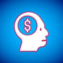 White Business man planning mind icon isolated on blue background. Head with dollar. Idea to earn money. Business investment growth. Vector