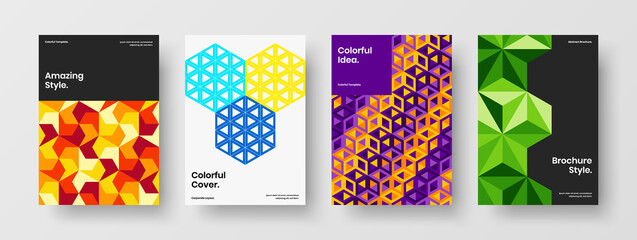 Bright leaflet design vector template bundle. Premium geometric tiles postcard illustration set.