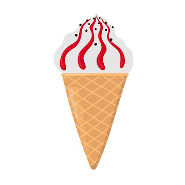 Hand drawn ice cream in waffle cone with jam topping. Can be used for poster, print, cards and clothes decoration, for food design and ice cream shop logo.