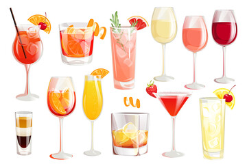 A set of summer alcoholic cocktails.Aperol Spritz, B-52, Negroni, Bahama Mama. glasses of wine, whiskey, Tom Collins, Paloma.martini with strawberries. - obrazy, fototapety, plakaty