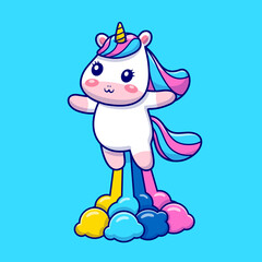 Cute Unicorn Flying With Rainbow Cartoon Vector Icon Illustration. Animal Nature Icon Concept Isolated Premium Vector. Flat Cartoon Style