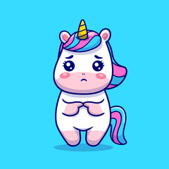 Cute Unicorn Sad Cartoon Vector Icon Illustration. Animal Nature Icon Concept Isolated Premium Vector. Flat Cartoon Style
