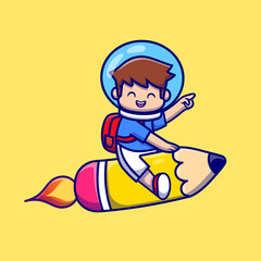 Cute Boy Flying With Pencil Rocket Cartoon Vector Icon Illustration. People Education Icon Concept Isolated Premium Vector. Flat Cartoon Style