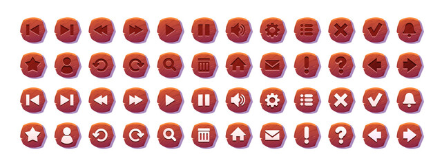 Circle buttons with wooden texture and icons for game menu interface or website. Vector cartoon set of ui elements from brown timber with signs isolated on white background © klyaksun